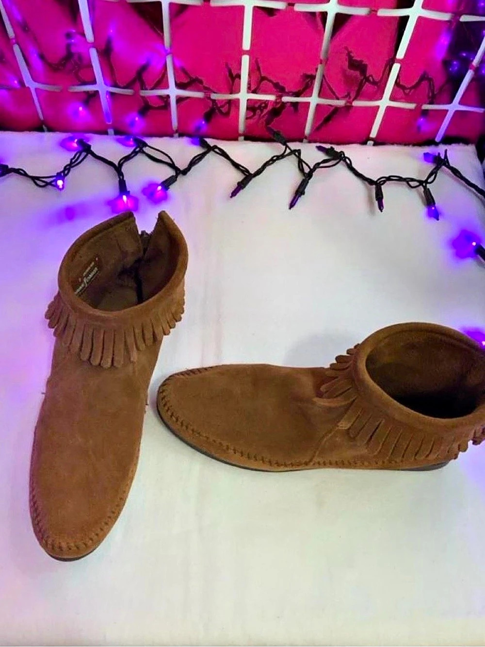Minnetonka Back Zip Hardsole Boot Fringe Boots Brown US 7